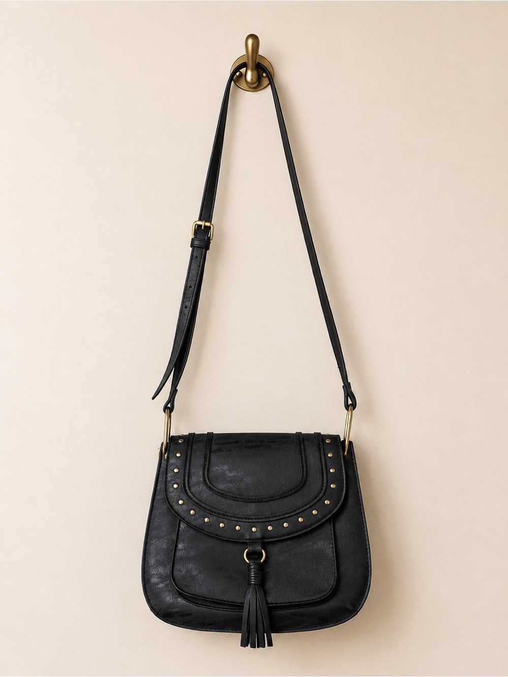 Franco Sarto Black Studded Tassel Crossbody Saddle Bag Adjustable Strap Faux